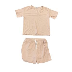 Kikiberry Peachy Tan Ribbed Short Sleeve Tee and Shorts Lounge Set